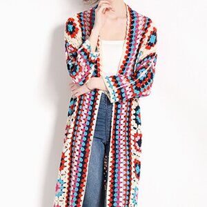 Bohemia Colored Plaid Granny Square Hand Crochet Open Front Long Cardigan, Red